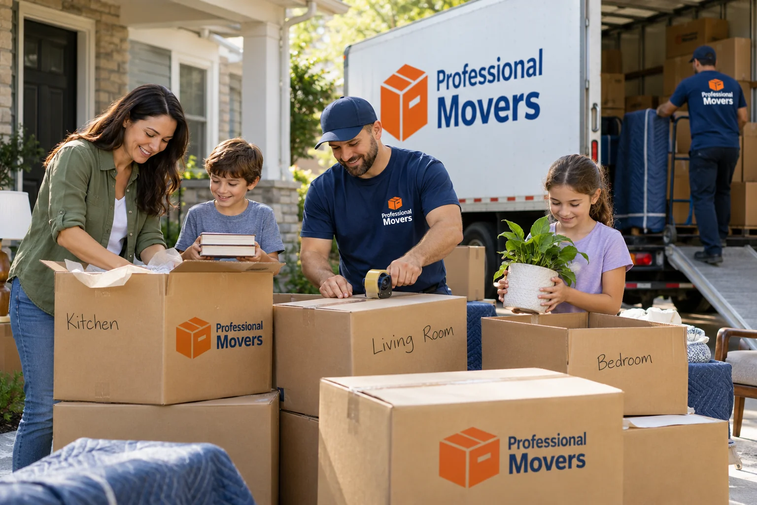 Family sorting labeled moving boxes beside branded helper