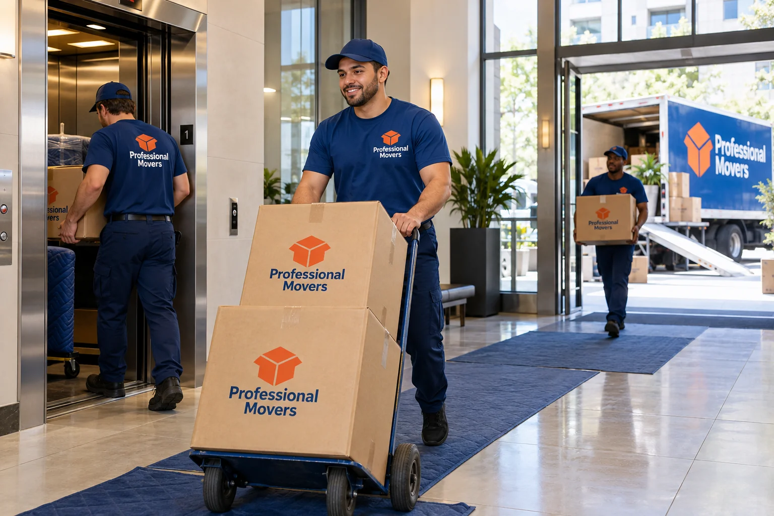 Branded movers carry cartons through a bright apartment lobby
