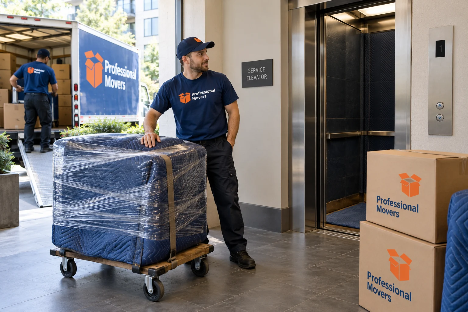 Mover with wrapped furniture waits beside a service elevator