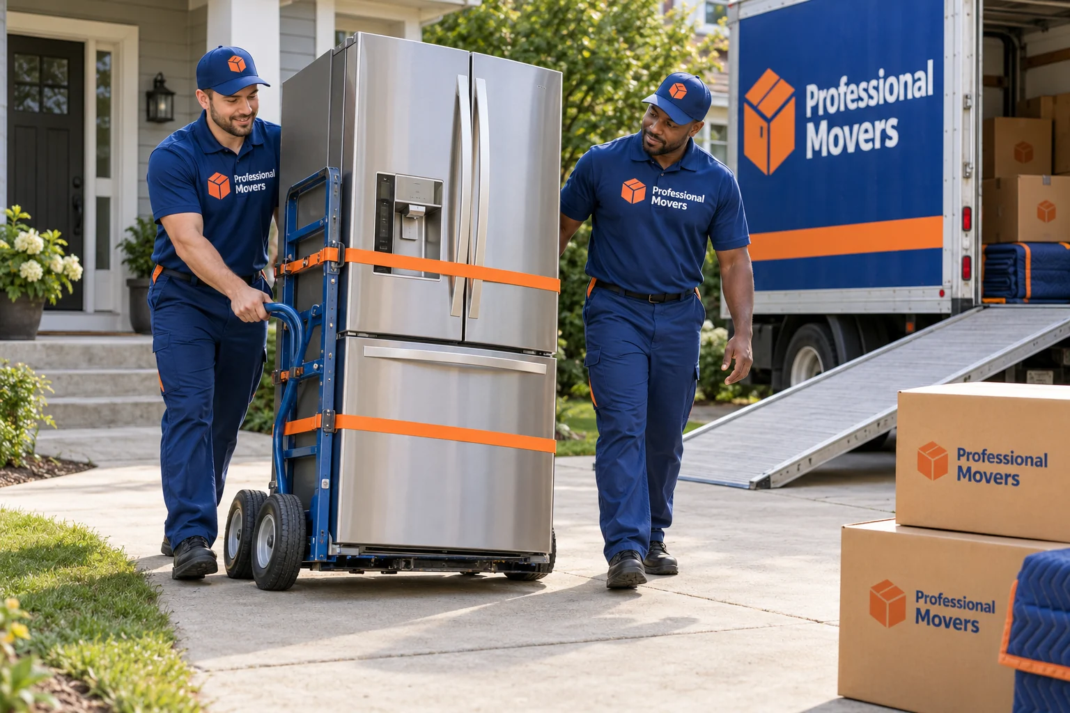Branded movers transport a clean refrigerator with appliance dolly