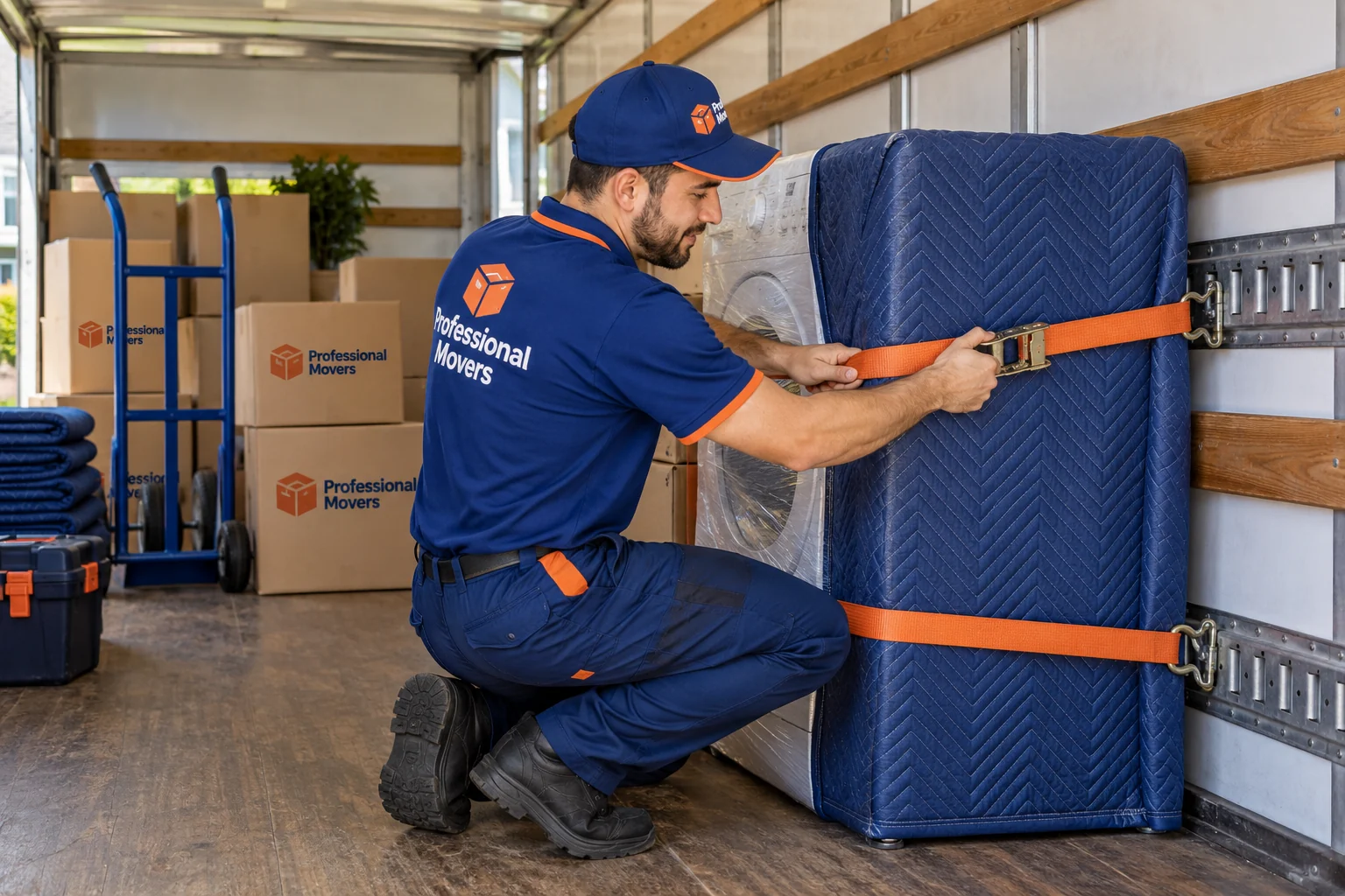 Mover secures wrapped washing machine in moving truck