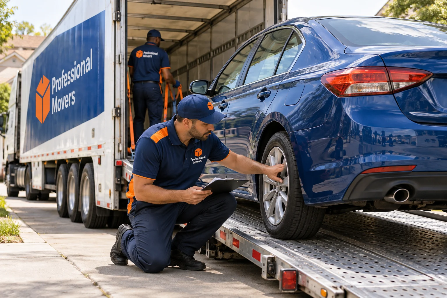 Branded car transport driver checking a blue sedan