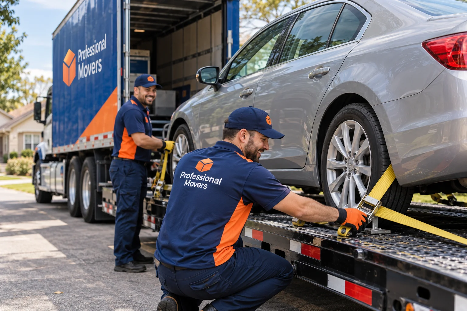 Sedan secured on a car transport trailer with branded crew