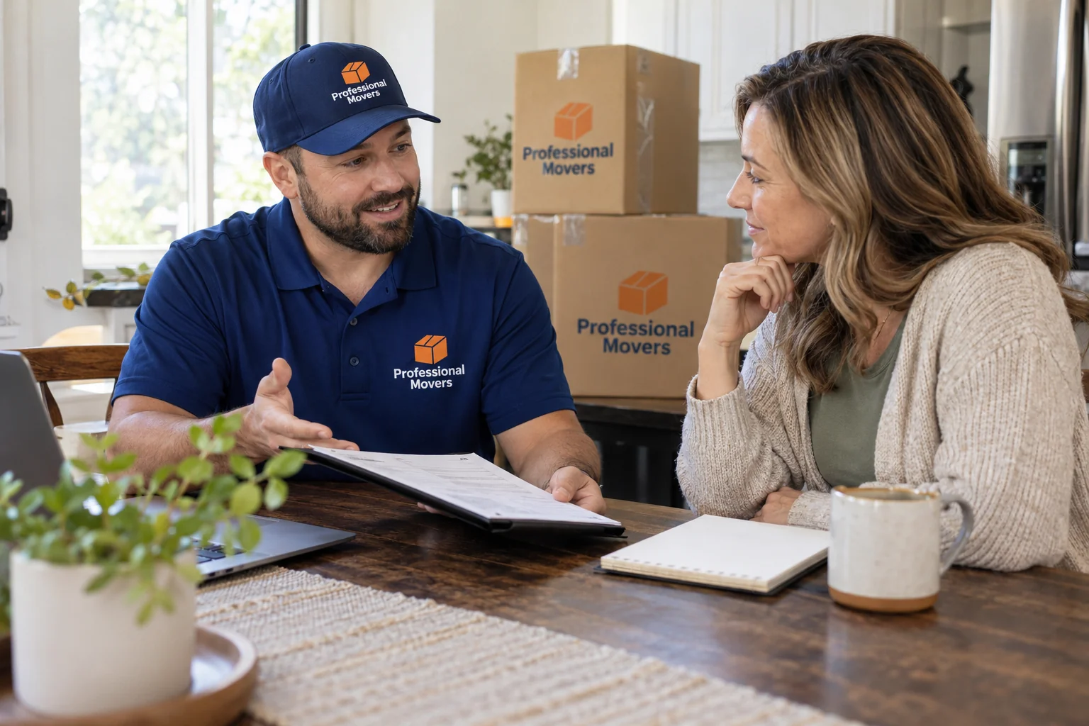 Branded moving planner seated with customer at kitchen table