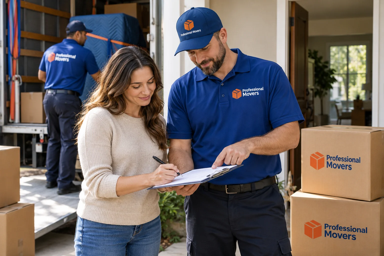 Customer checks a moving contract beside branded boxes