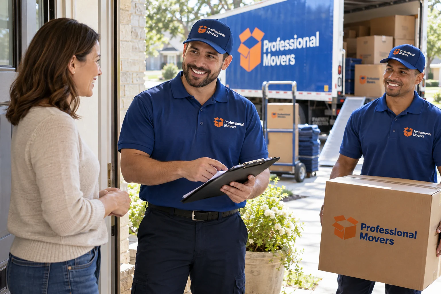 Friendly branded moving crew meets a homeowner at front door