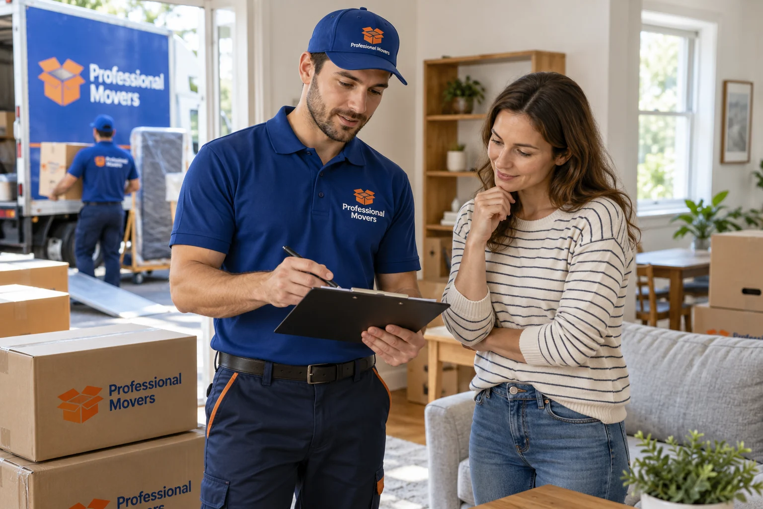 Customer and branded moving coordinator review room inventory