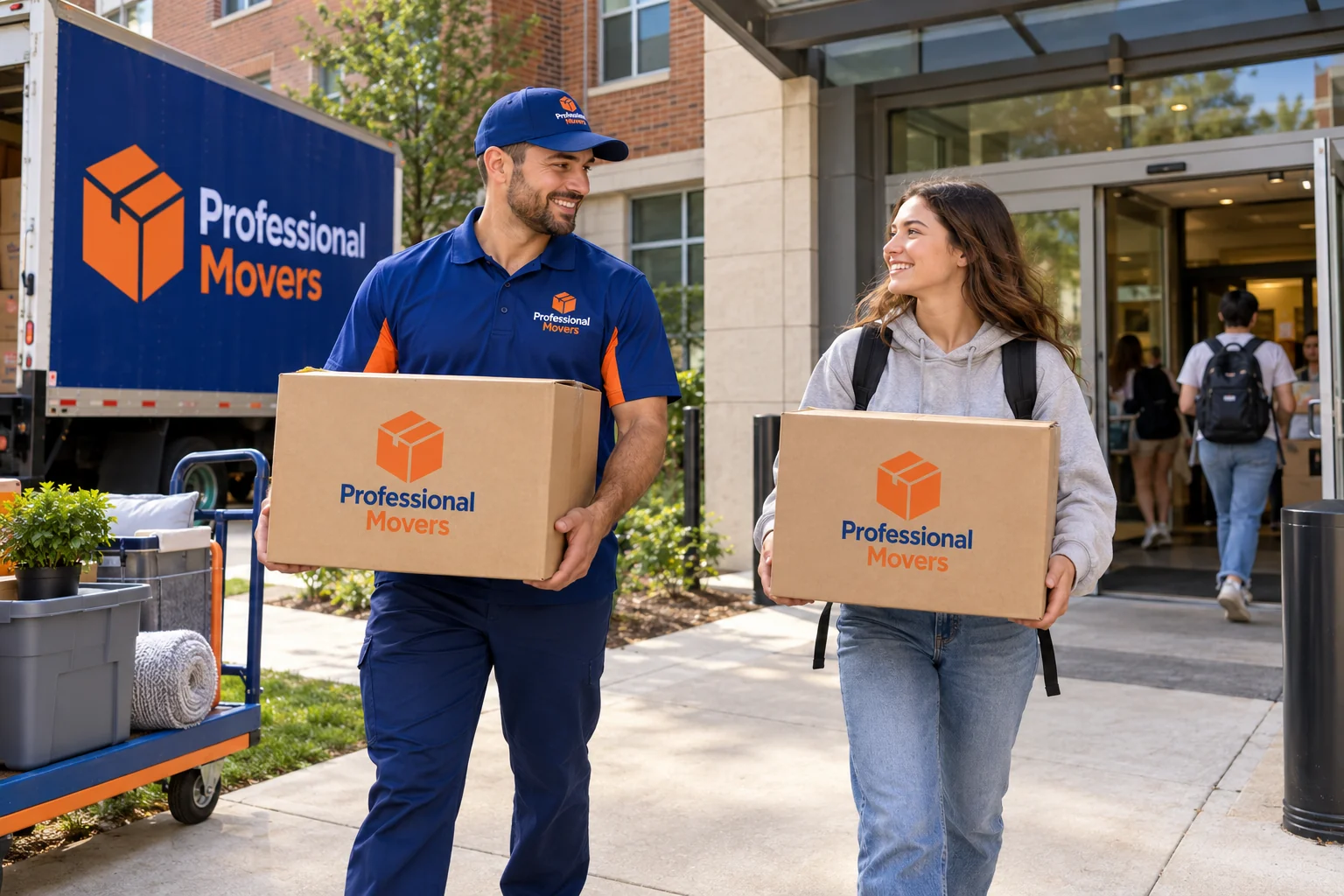 Branded mover helps a student carry boxes at dorm entrance