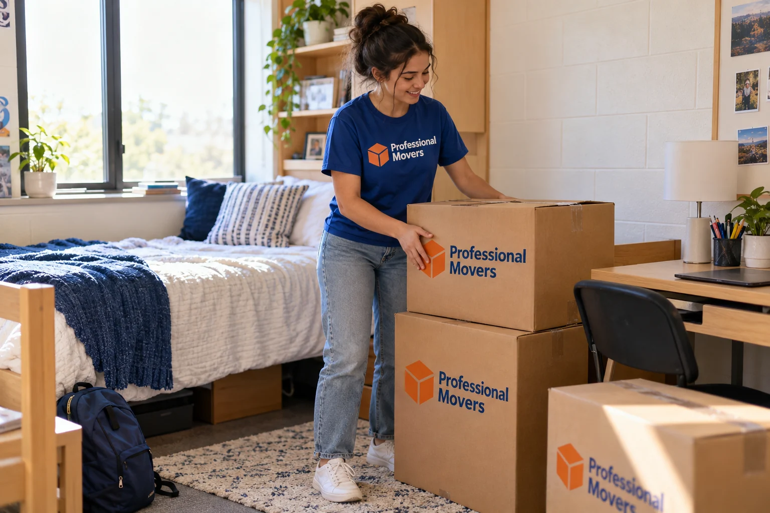 Student organizes branded packing cartons beside a compact desk