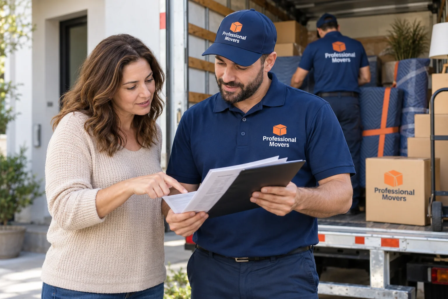 Homeowner and moving coordinator review printed estimates