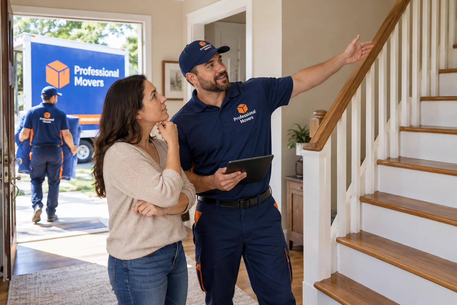 Branded mover points out stairway access during home survey