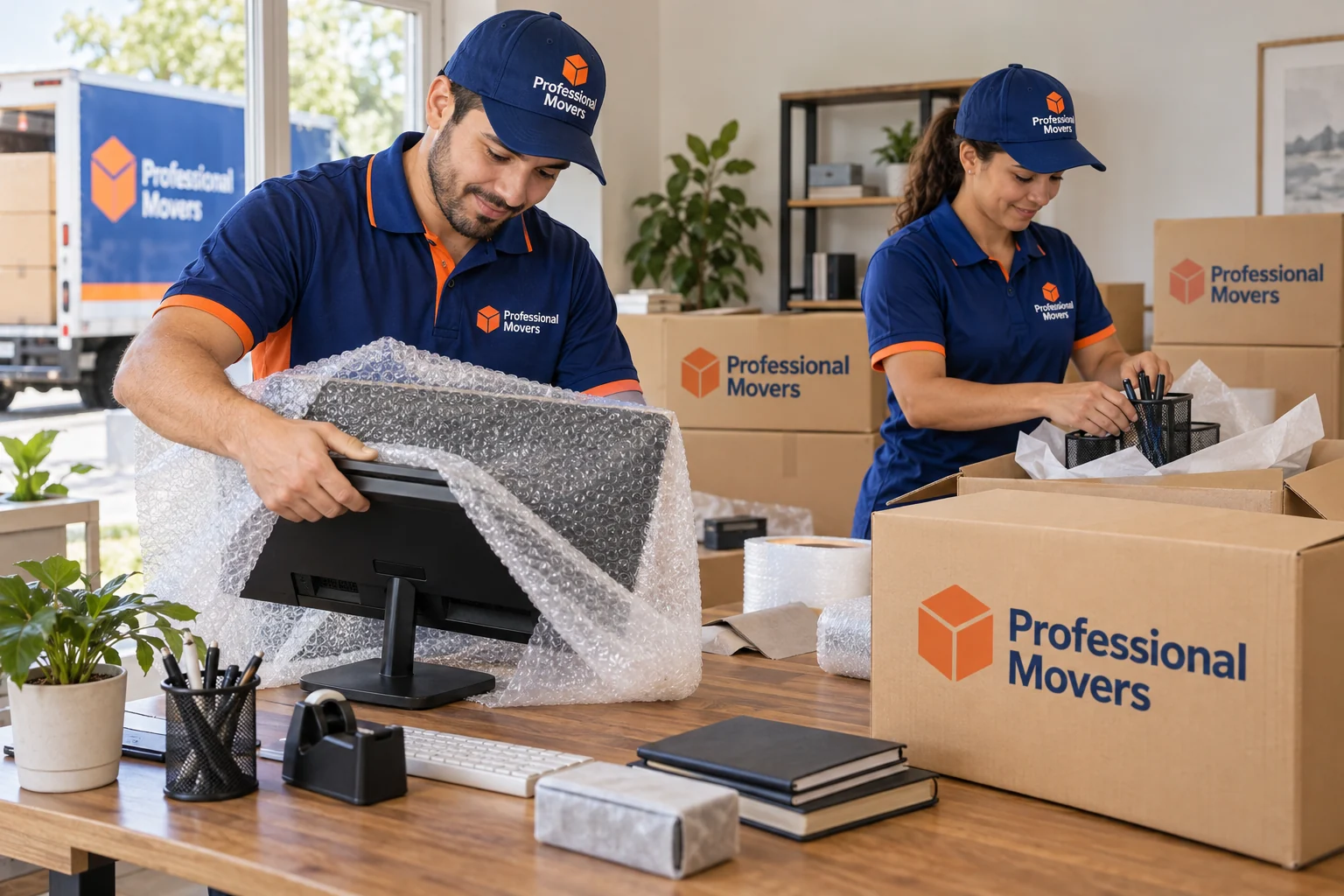 Branded crew packs home office for an employee relocation