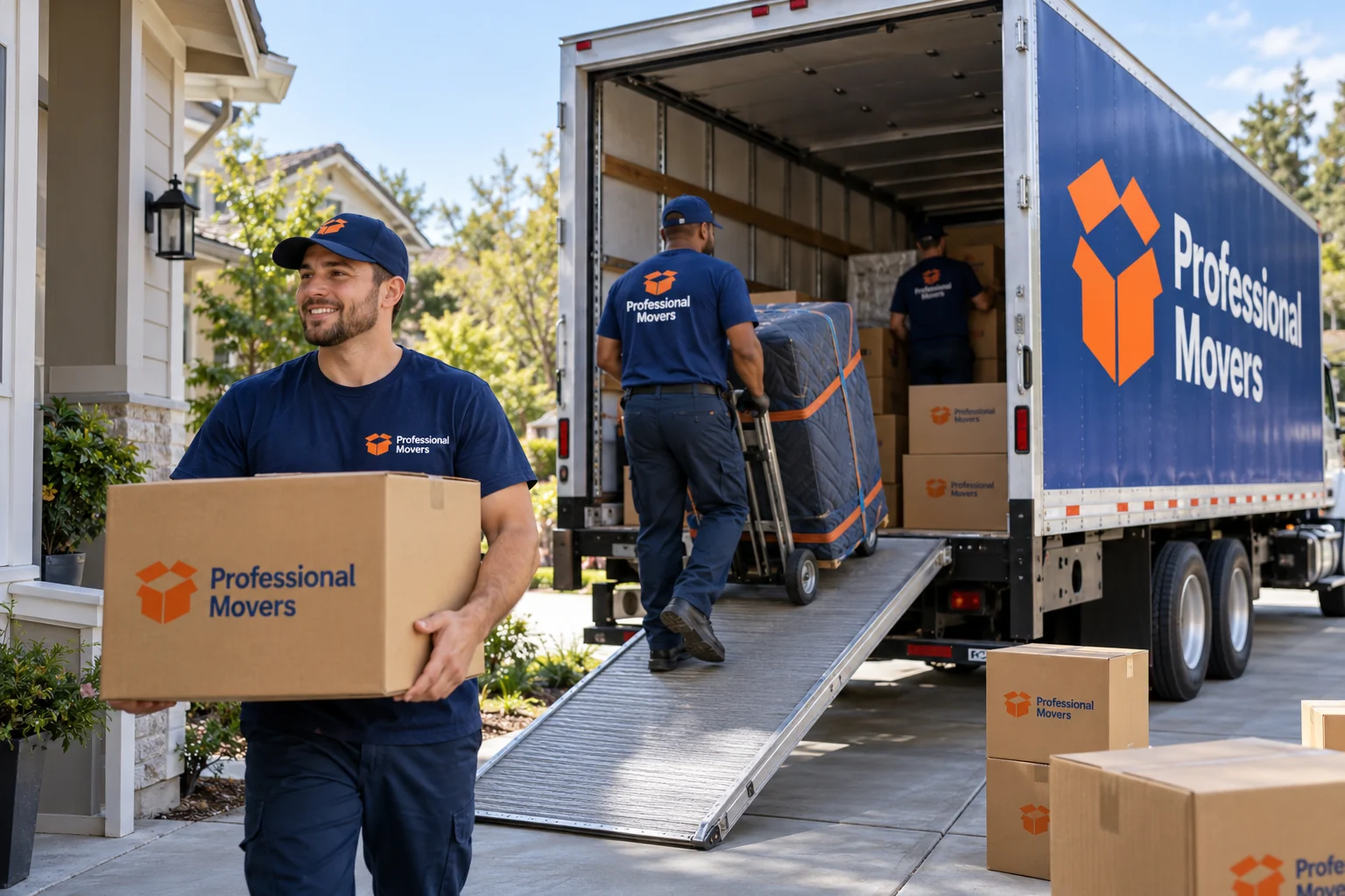 Branded long-haul moving truck at a suburban loading area