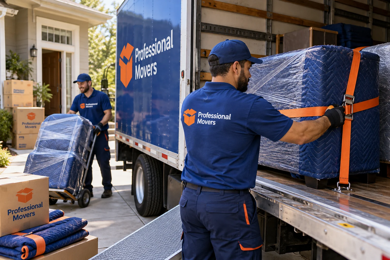 Branded crew secures wrapped furniture for cross-country travel