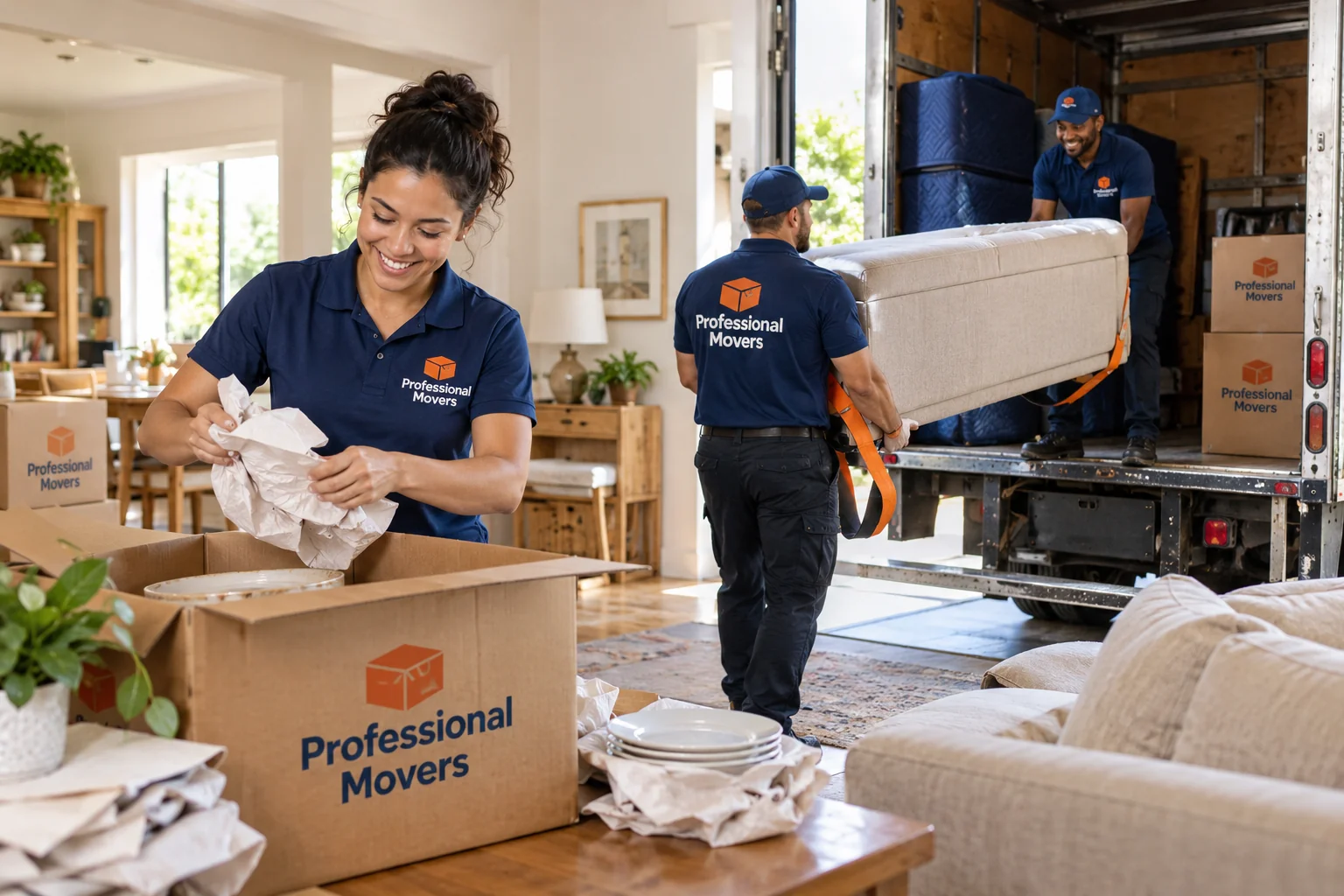 Friendly crew packing and loading an airy family home