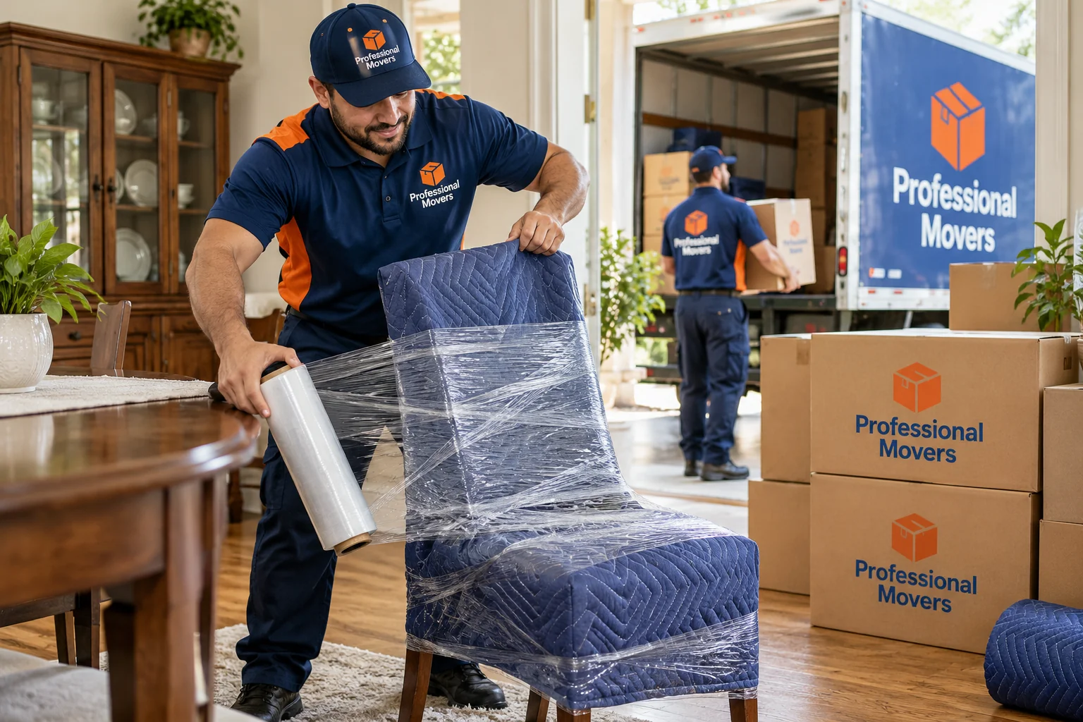 Mover wraps a dining chair beside branded packing boxes
