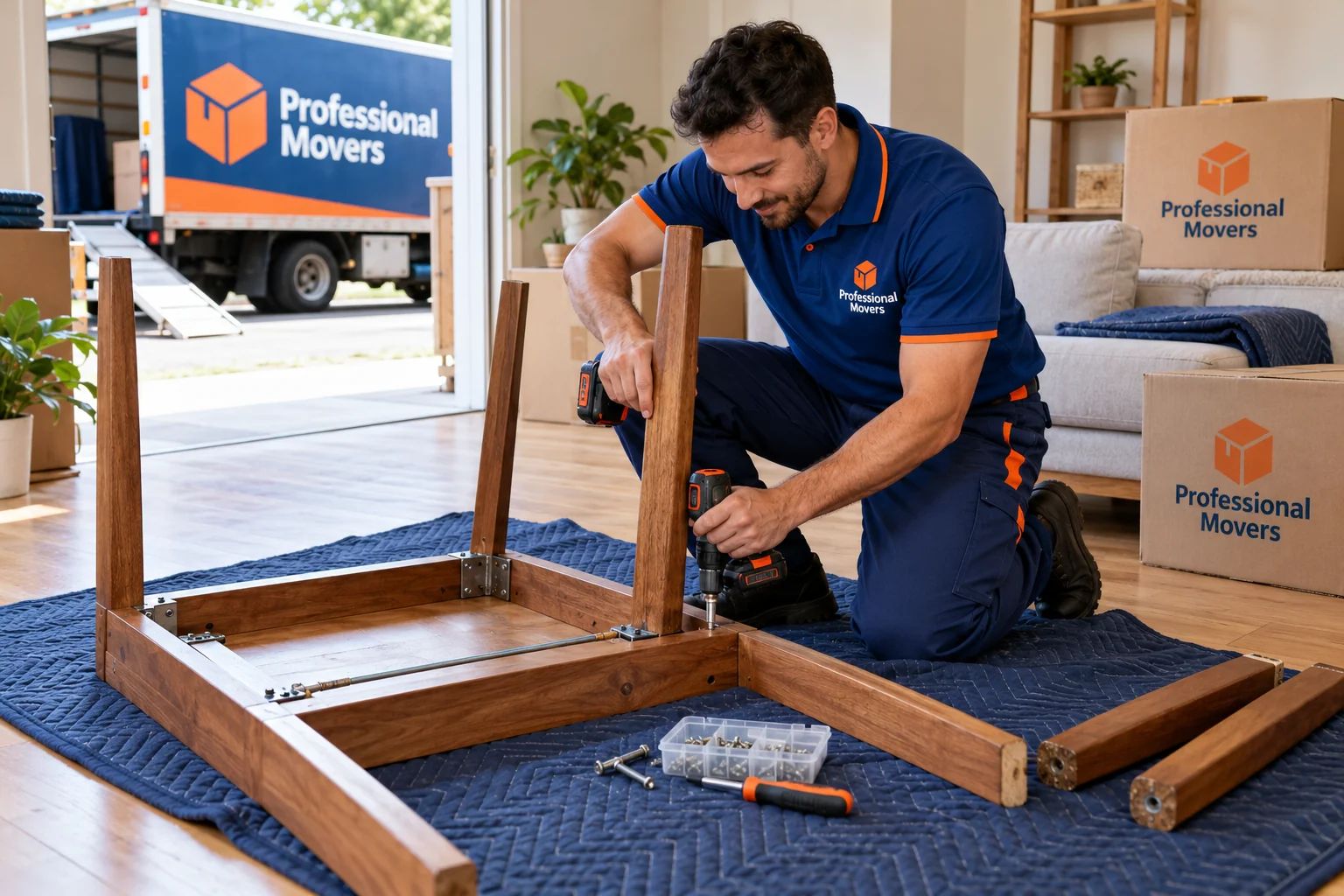 Branded mover removes table legs on a protective blanket