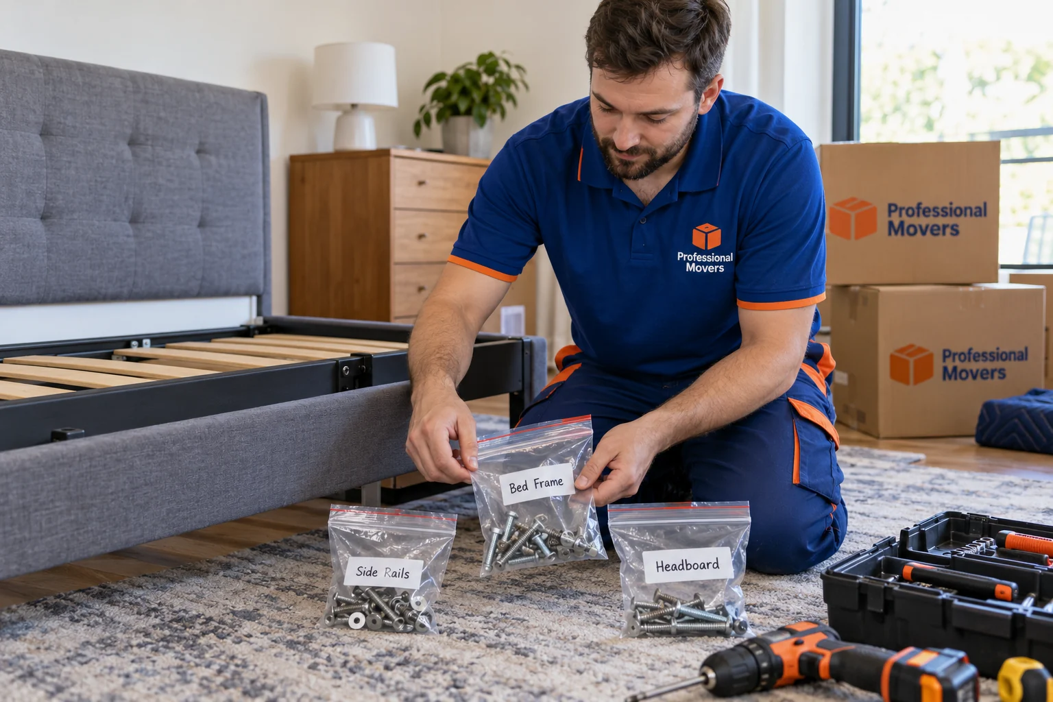 Mover stores furniture screws in labeled bags beside bed frame