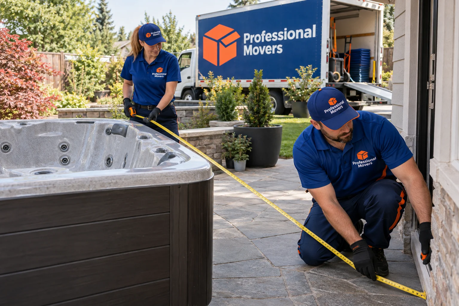 Branded specialist crew measures patio access around empty hot tub