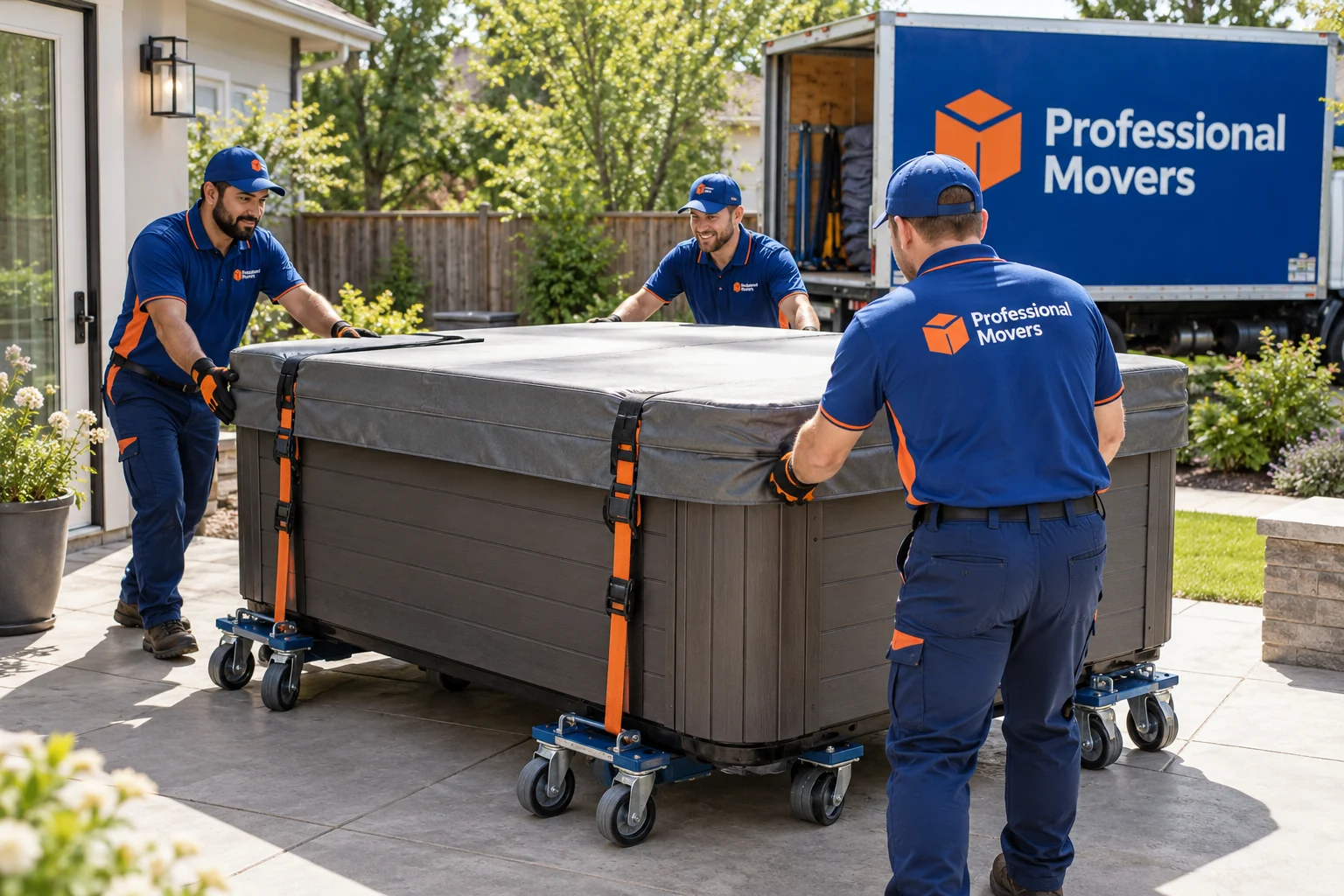 Crew uses professional equipment to move an empty covered spa