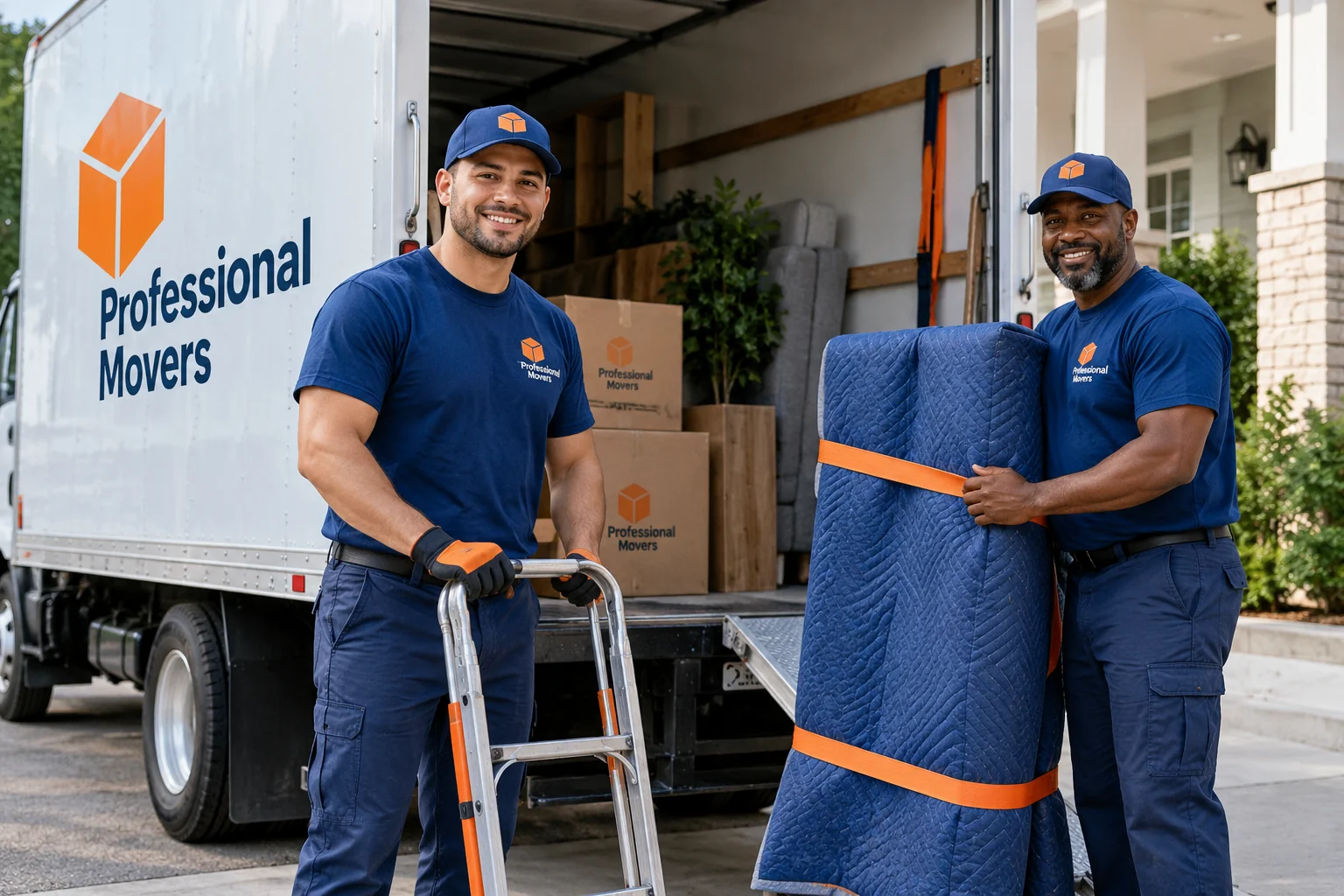 Two branded movers ready beside a small moving truck