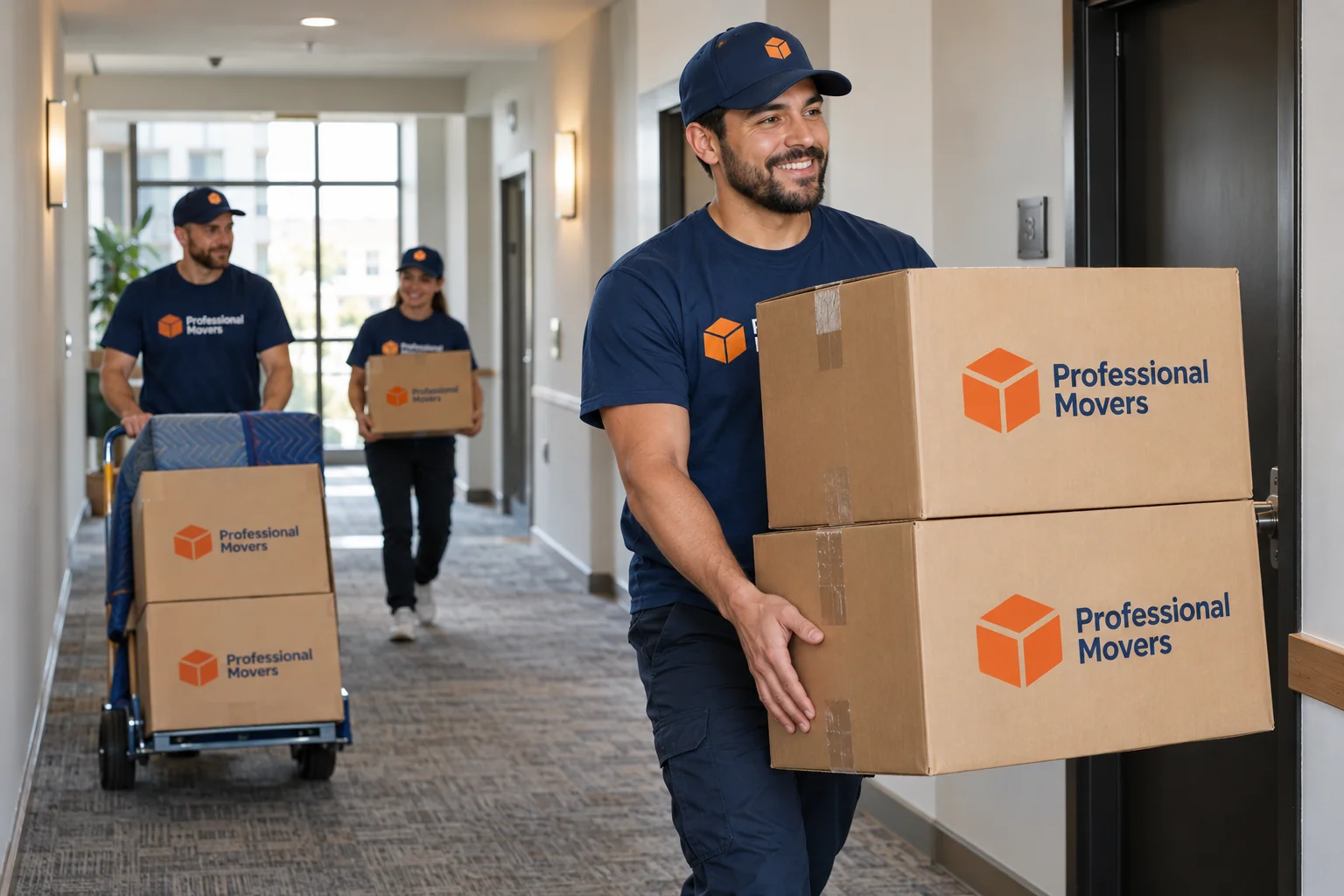 Mover carries stacked boxes down a wide apartment corridor