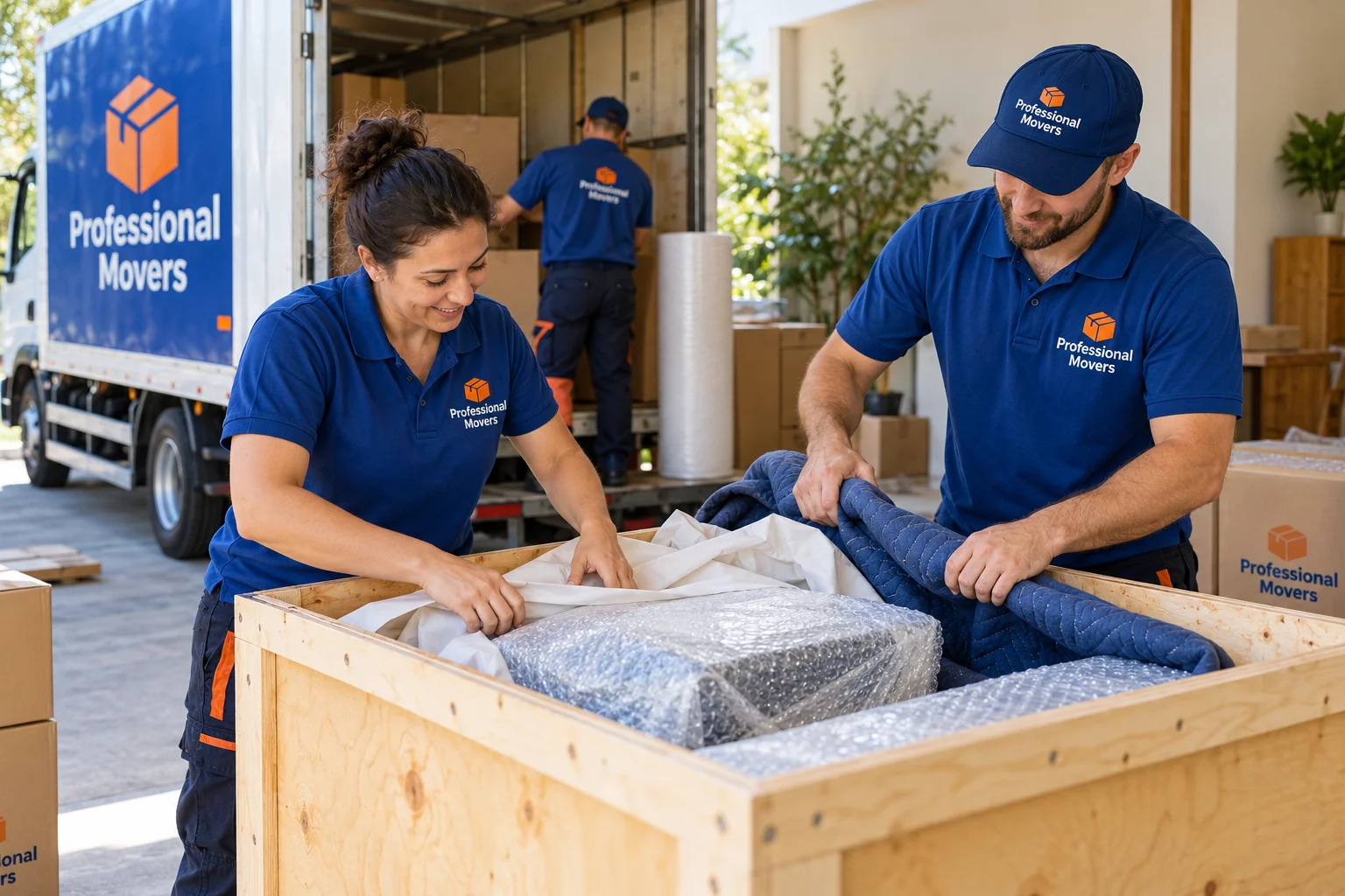 Branded movers packing an international shipping crate