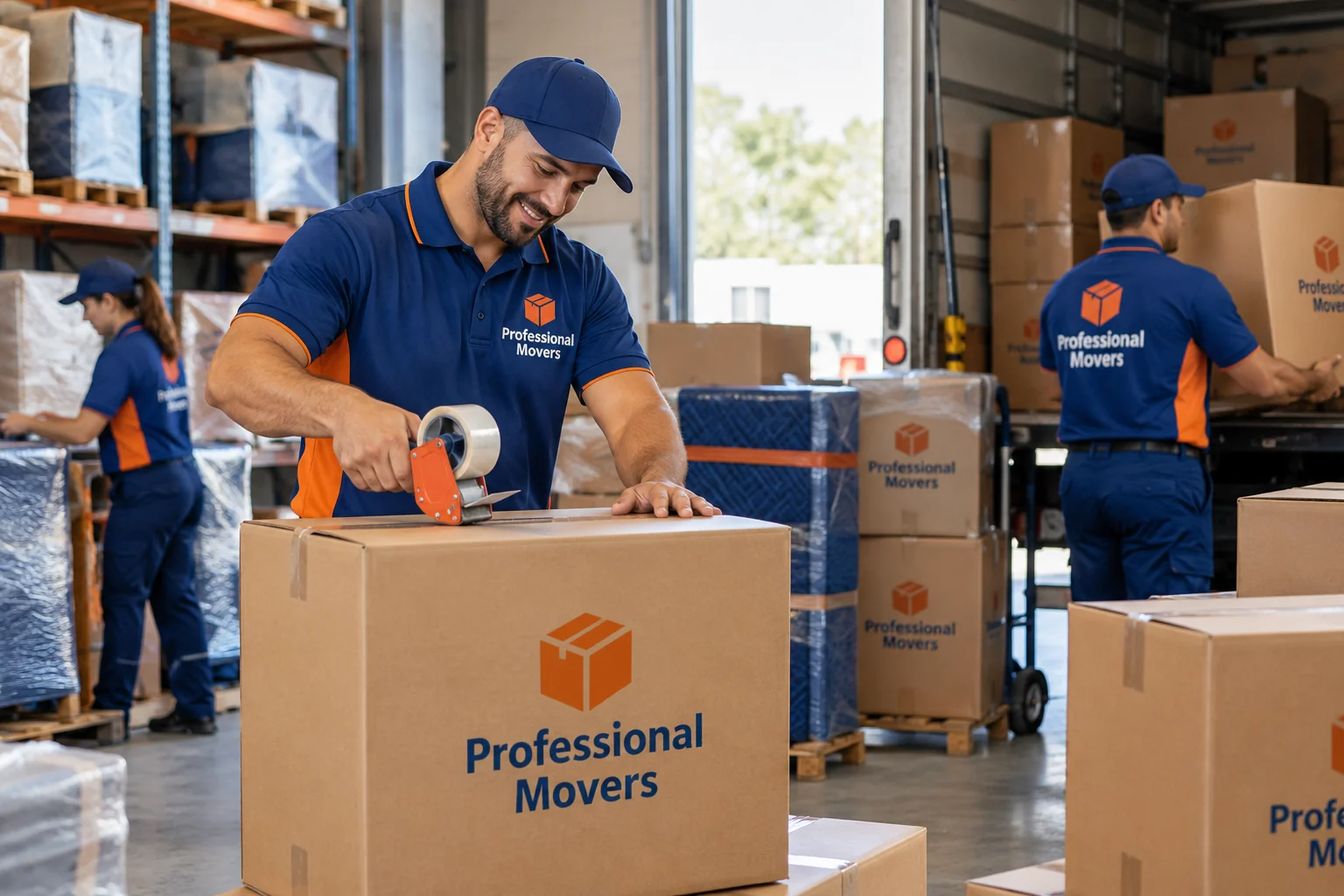Mover arranging export packing boxes at a warehouse