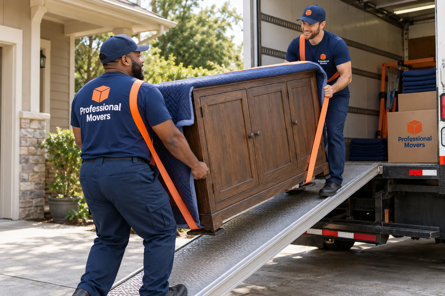 Two branded movers guide a large cabinet onto a ramp