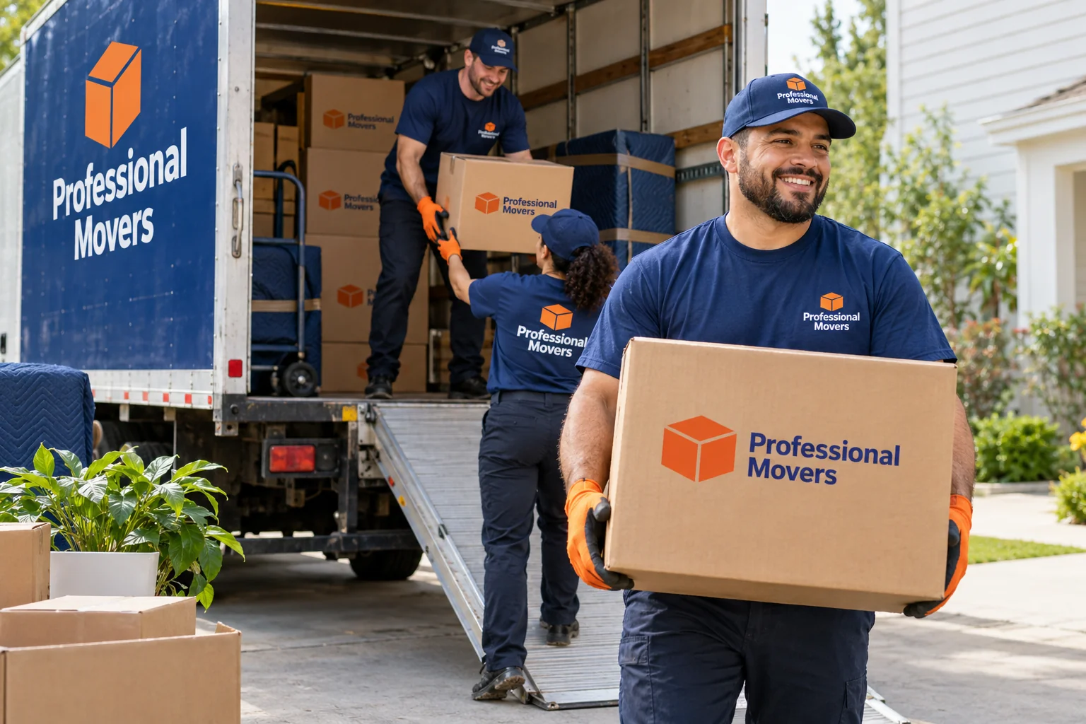 Branded crew unloading boxes from a customer rental truck