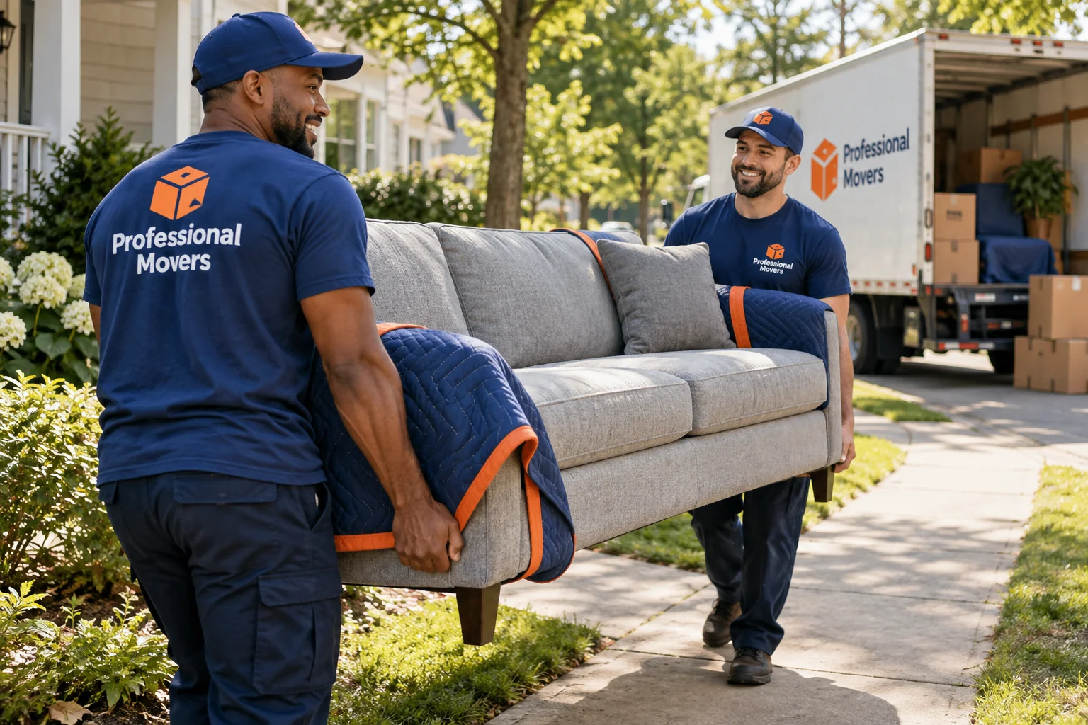 Two movers carry a sofa along a sunny residential sidewalk