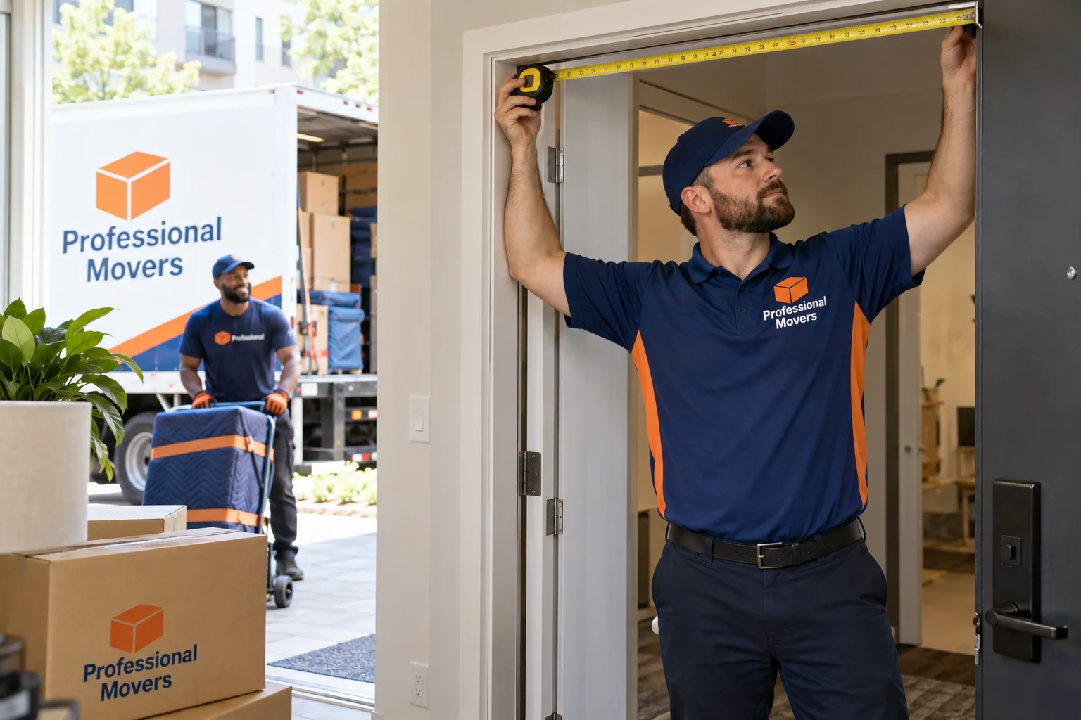 Mover checking a local apartment doorway with a tape measure