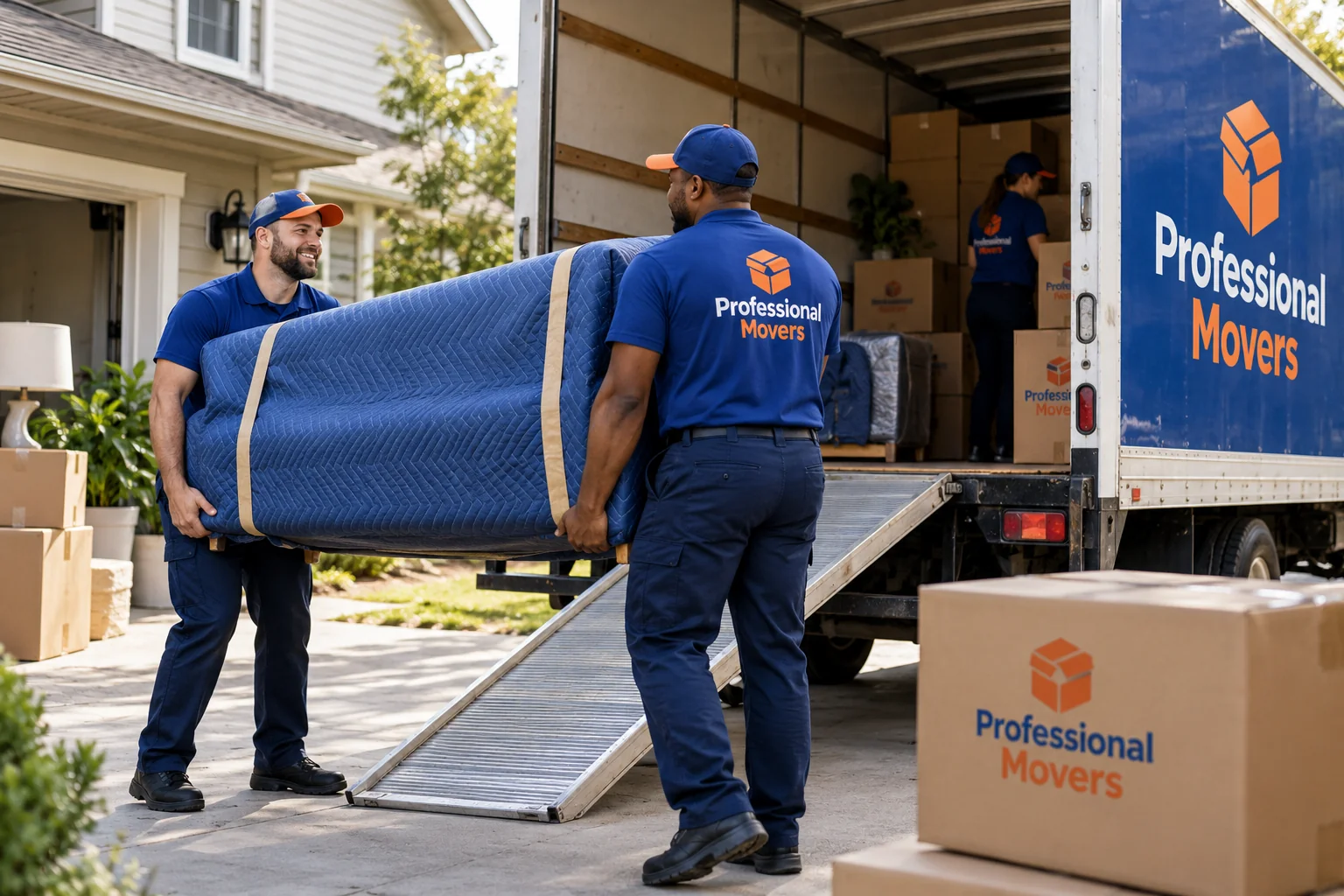 Branded moving truck loading in a suburban driveway