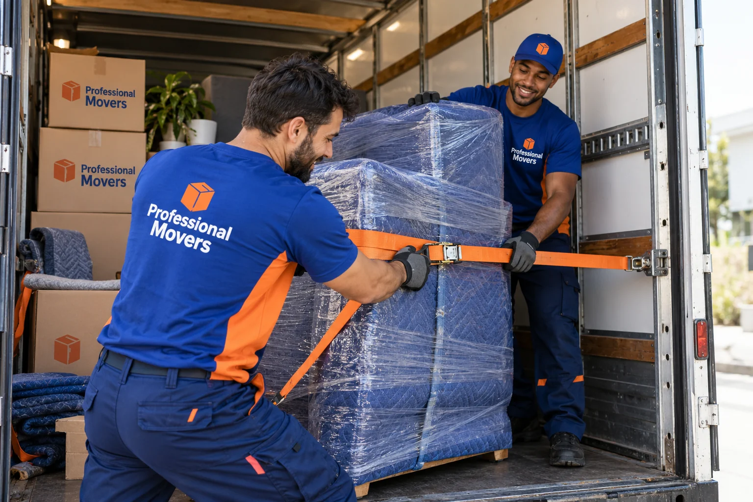 Crew securing furniture inside a long-distance moving truck