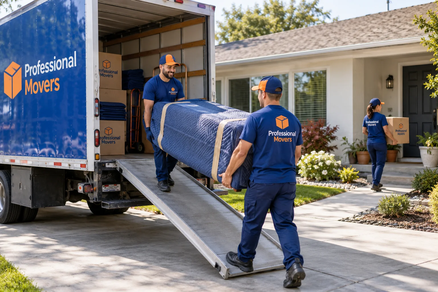 Branded moving truck parked beside a tidy ranch home