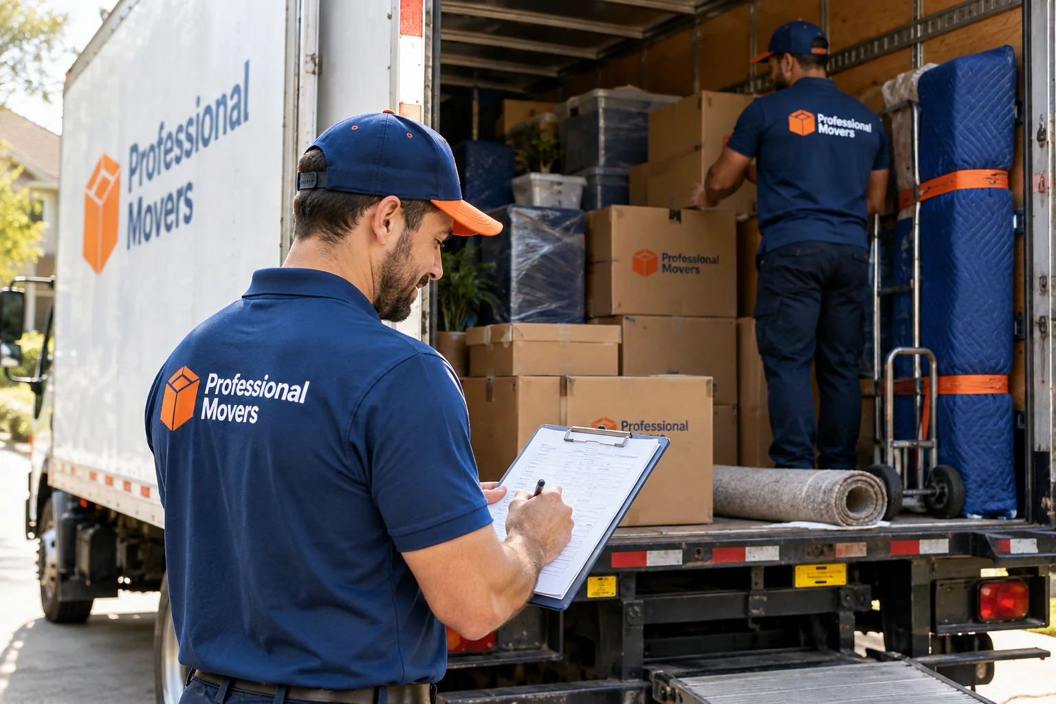 Mover reviewing a loaded truck inventory on a clipboard