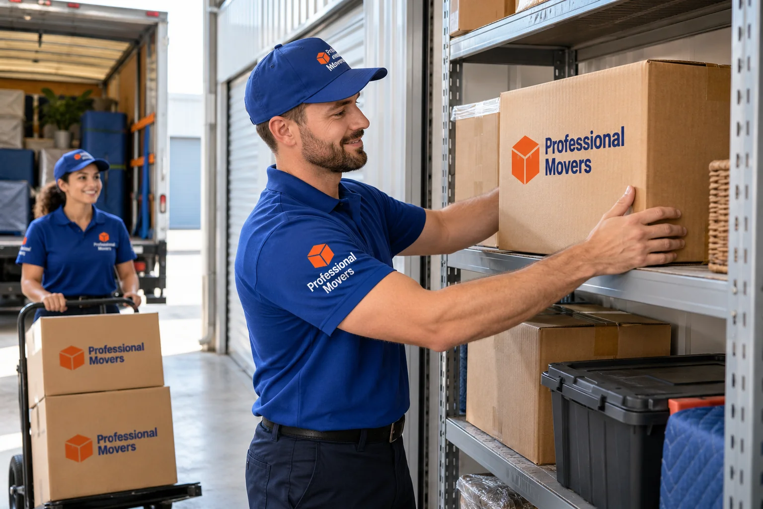 Branded mover placing a box on a clean storage shelf