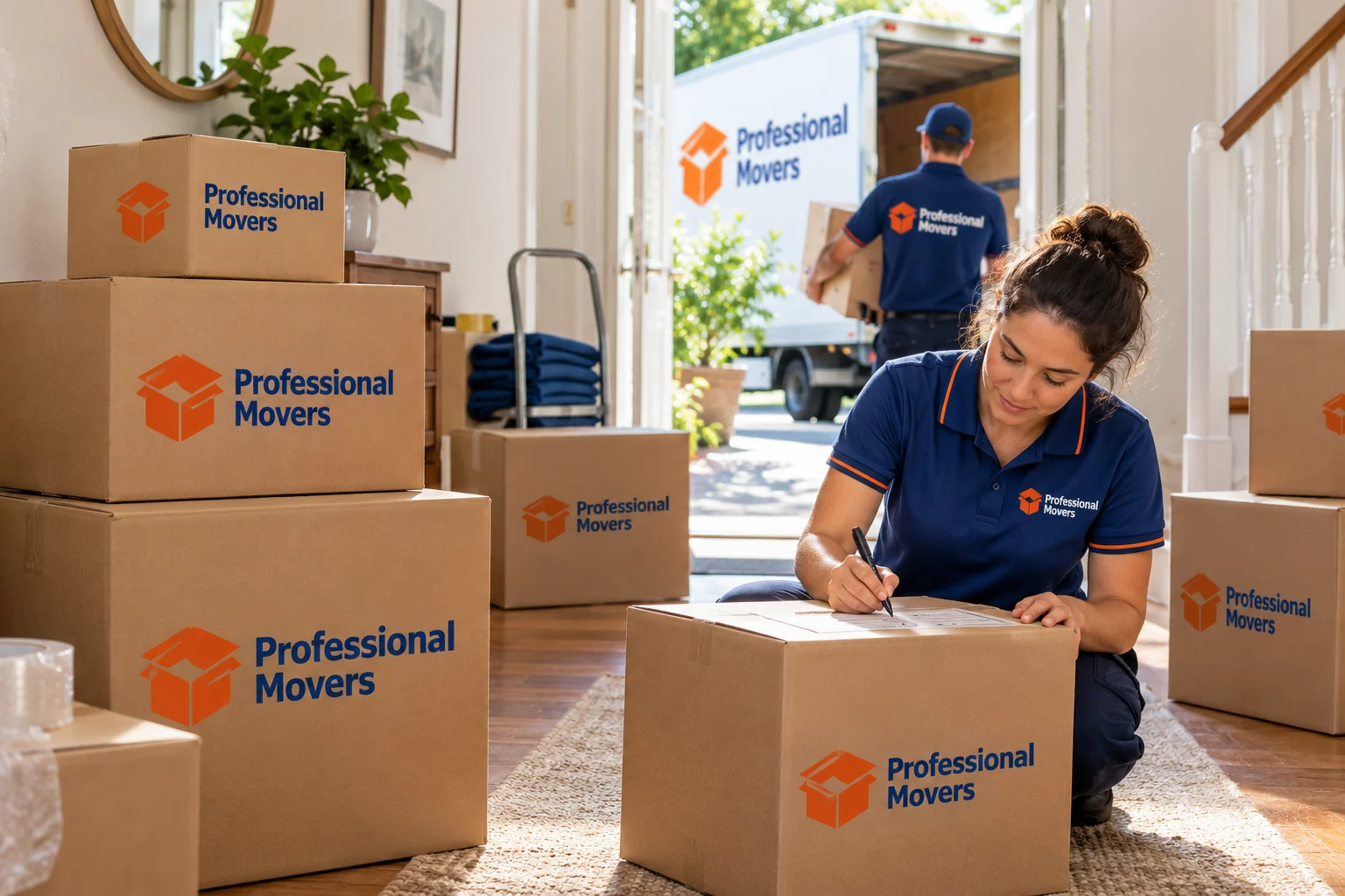 Branded boxes of different sizes stacked in a sunlit hallway