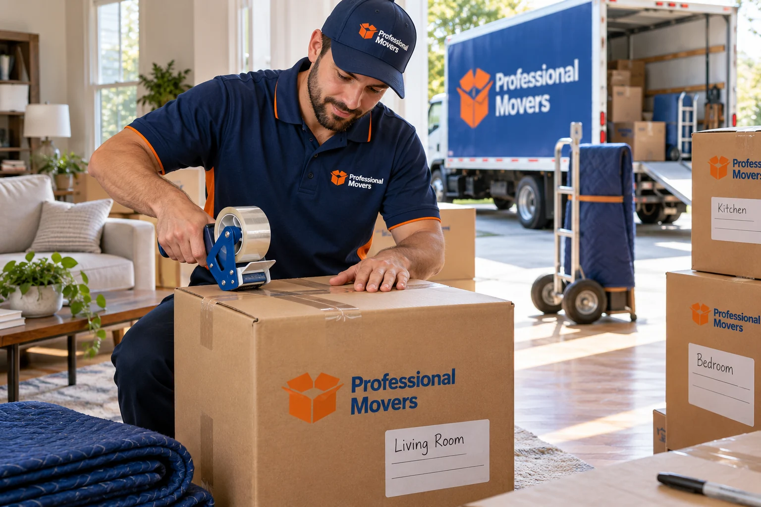 Branded mover tapes and labels a sturdy medium carton