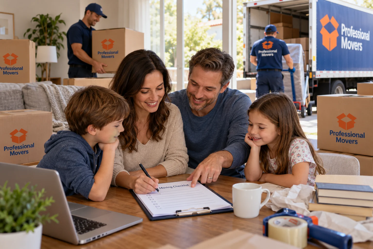 Family works through moving checklist with branded packing boxes
