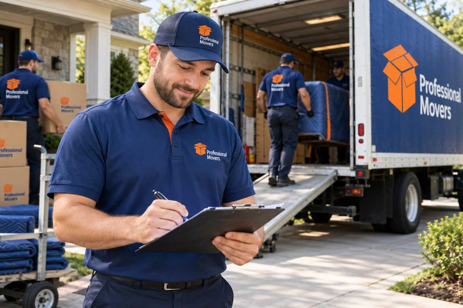 Branded mover checks loading schedule on clipboard at driveway