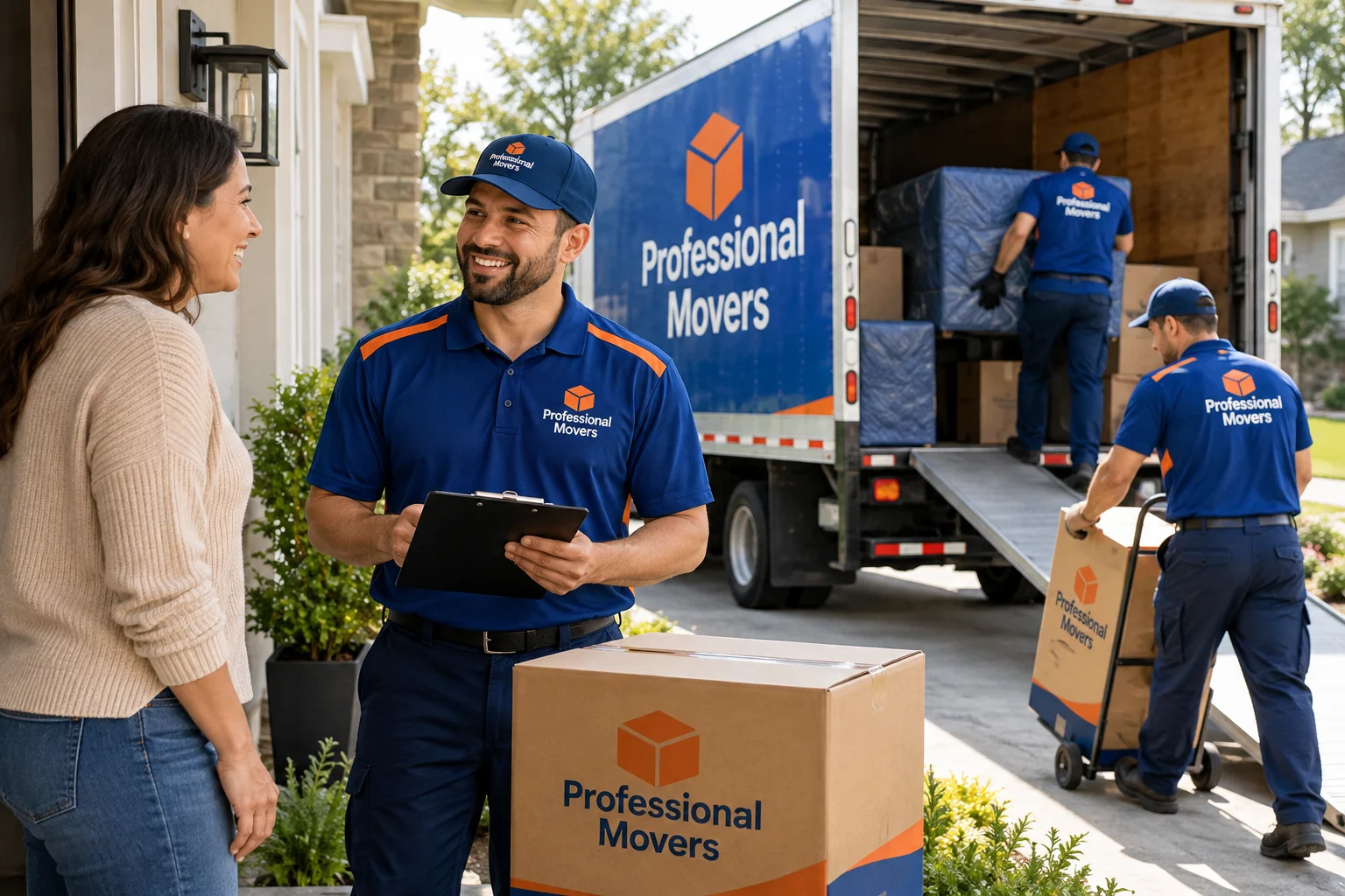 Friendly branded crew arrives at home with moving truck
