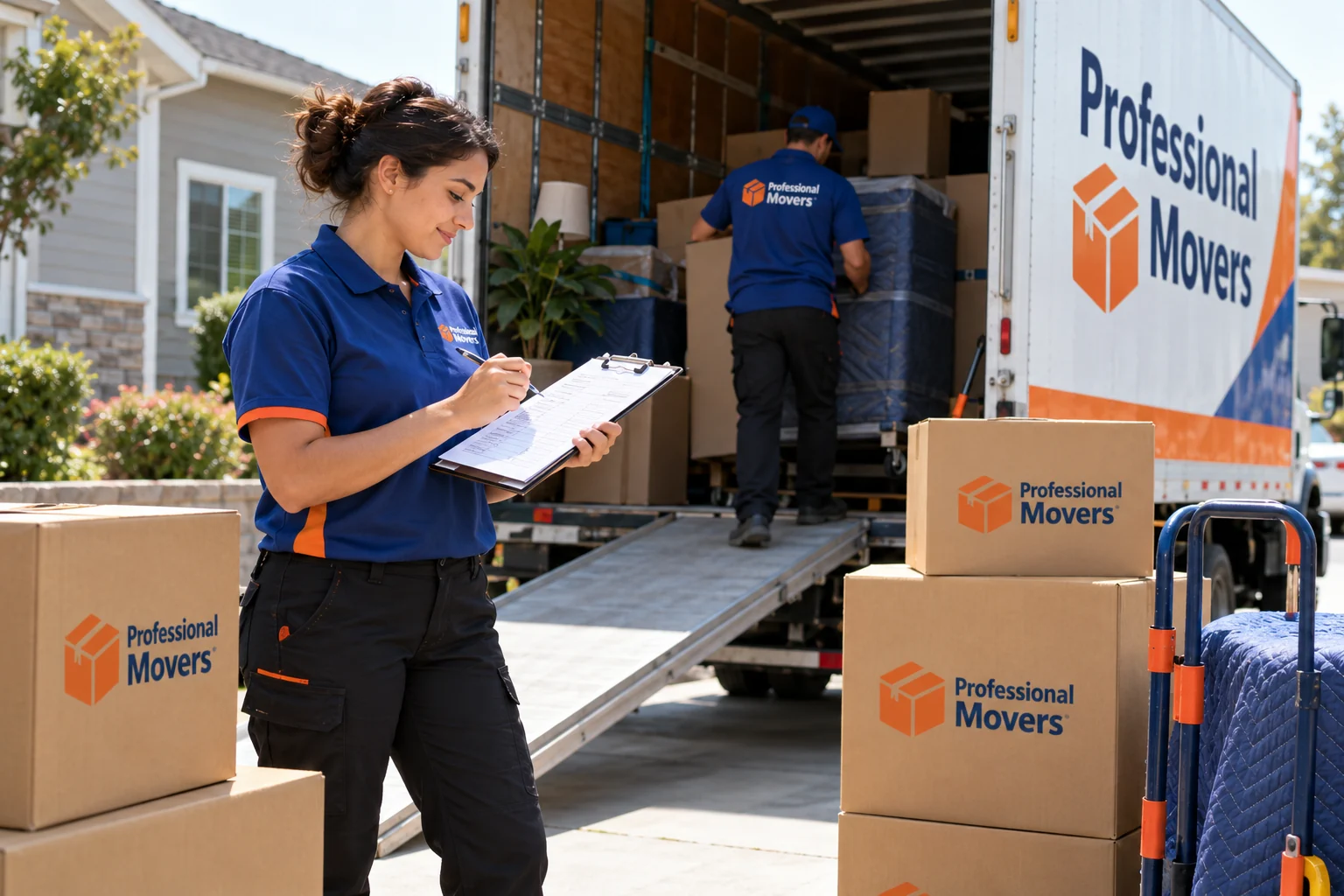 Moving coordinator checks carton inventory beside loaded ramp
