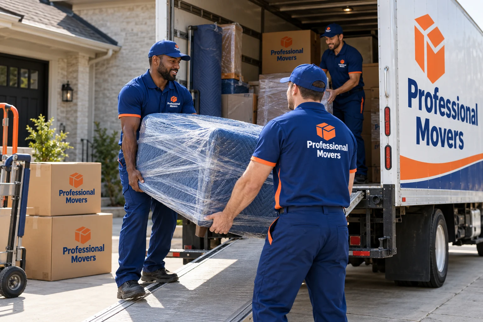Crew carefully unloads wrapped furniture from a branded truck