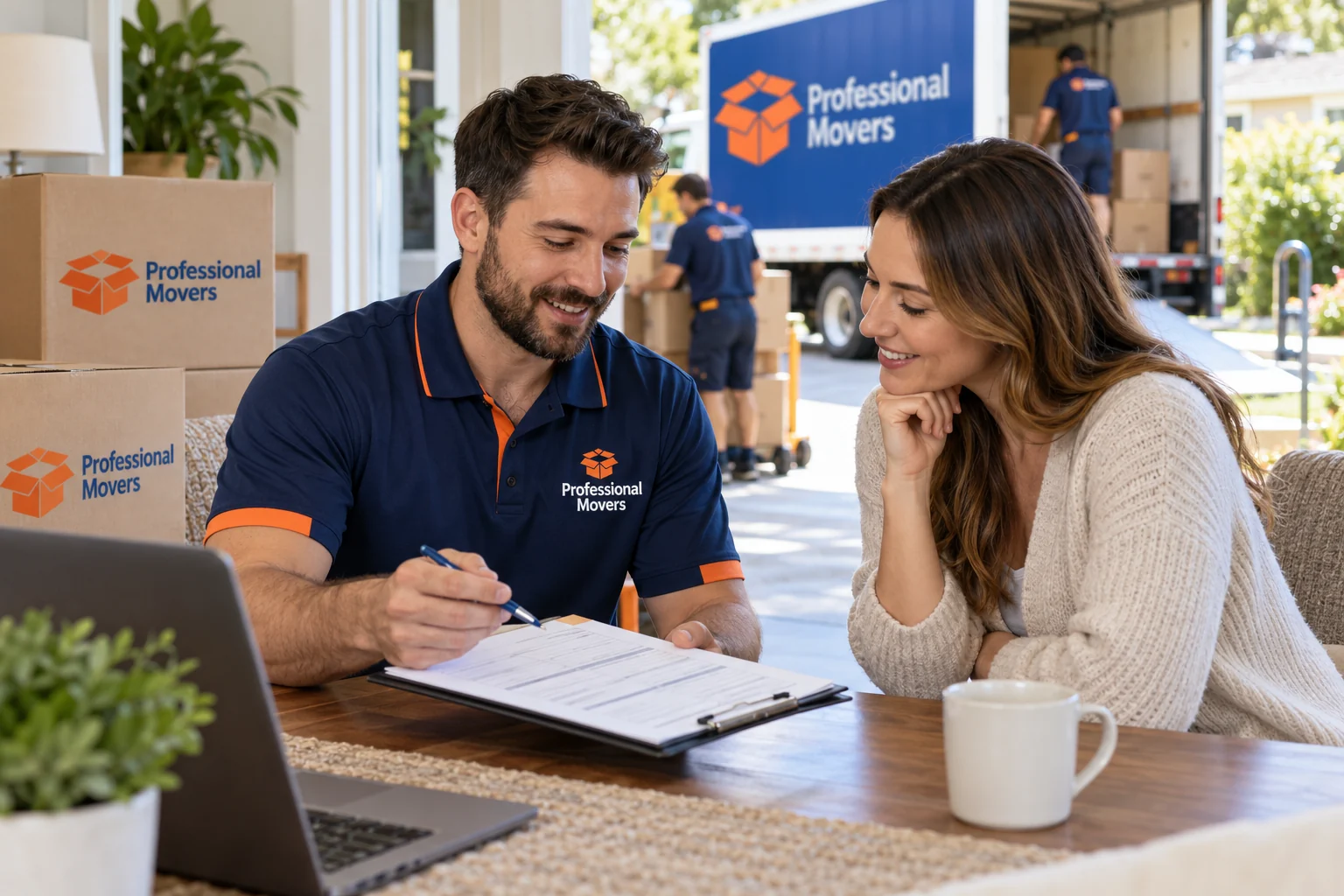 Moving coordinator reviews a booking schedule with a customer