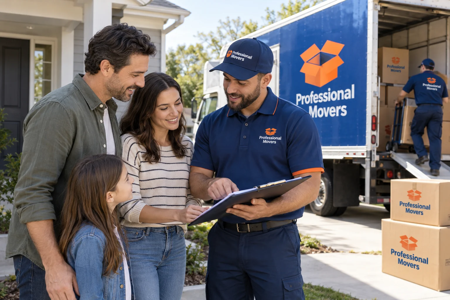 Branded mover and family reviewing pickup details outside home