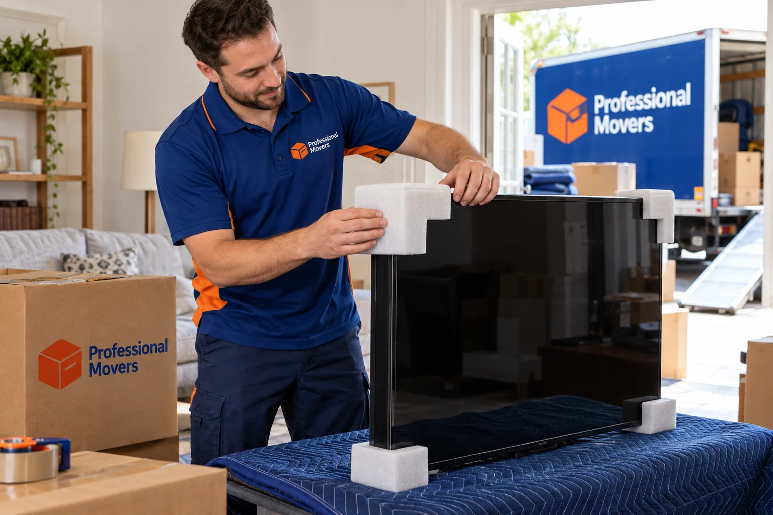 Branded mover protects a television with padded corner guards
