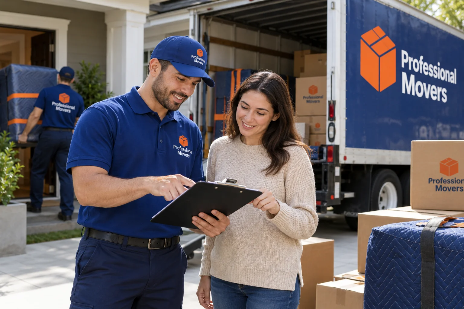 Moving coordinator and customer reviewing an inventory clipboard