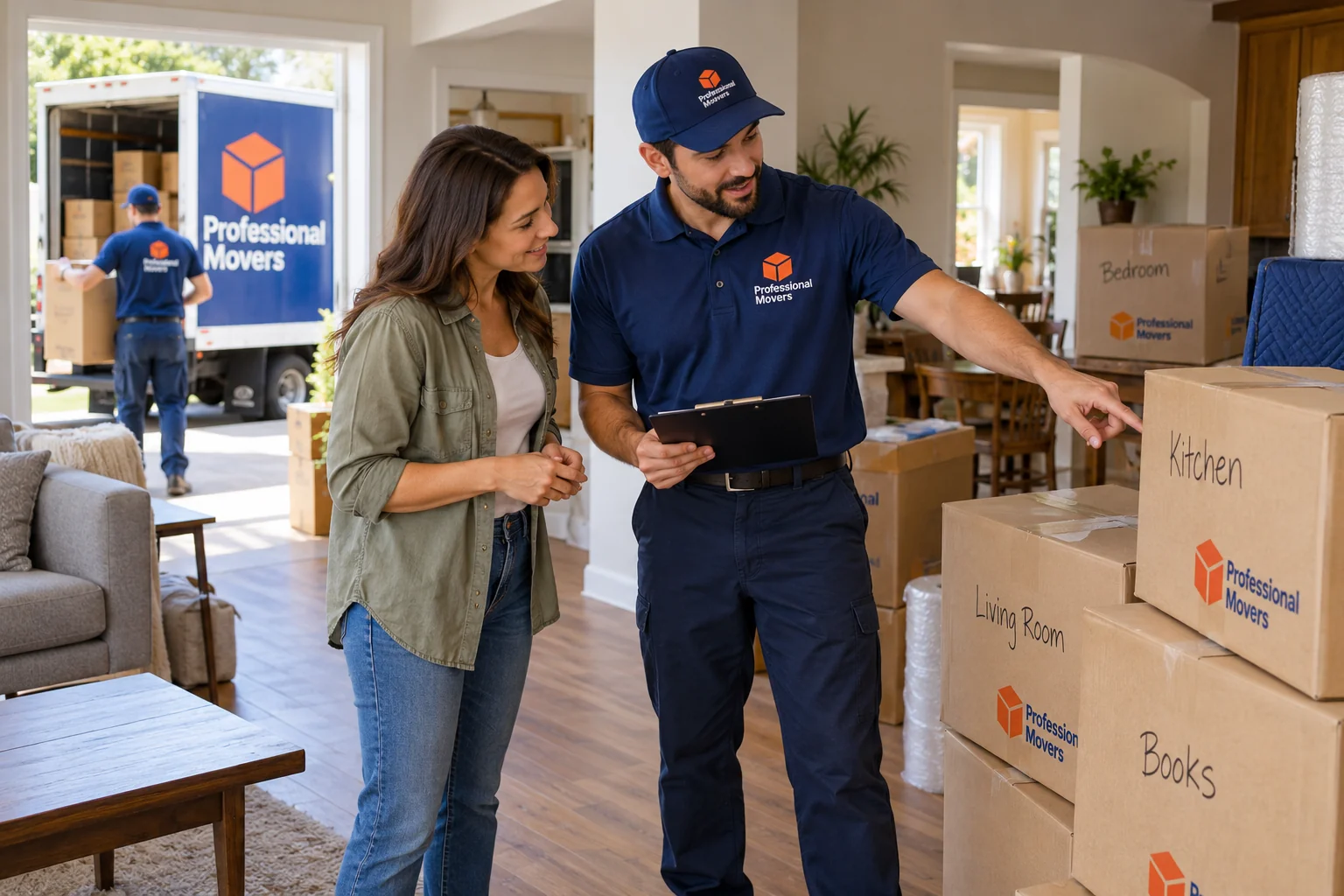 Mover walks a homeowner through labeled boxes in a home