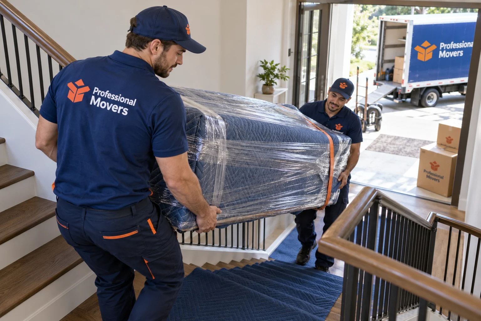 Branded movers maneuver a wrapped sofa down a stair landing